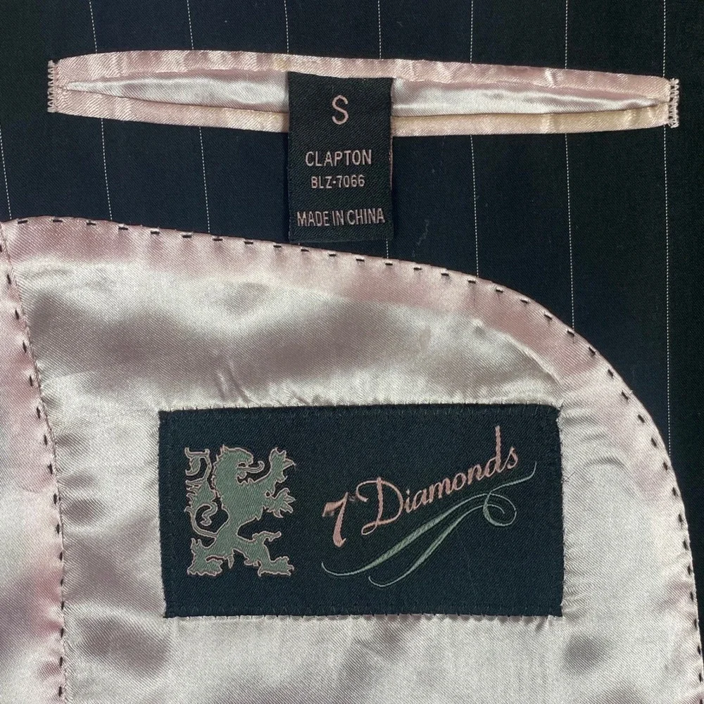 7 Diamonds Mens Blazer S Black Pinstripe‎ Clapton Pink Lining Contrast Stitch